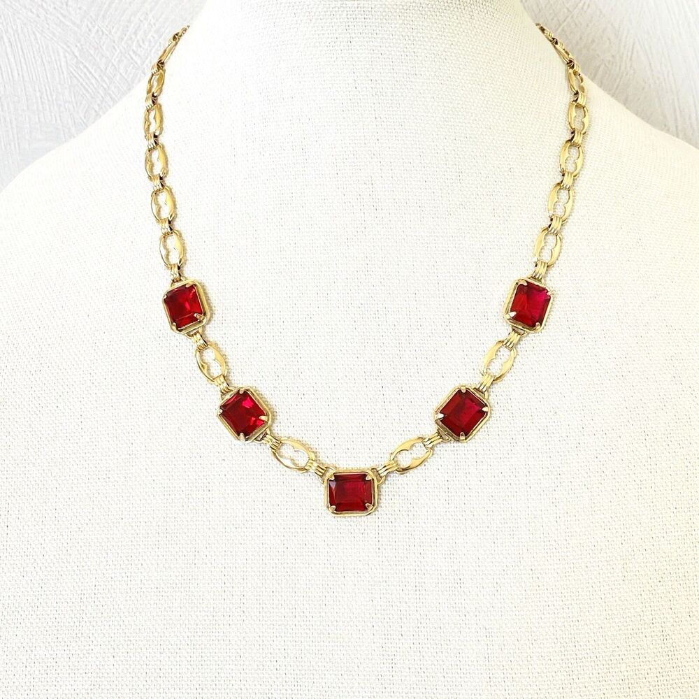 Harry S Bick Ruby Glass Gold Filled Necklace 20 In Vintage Signed Stunner